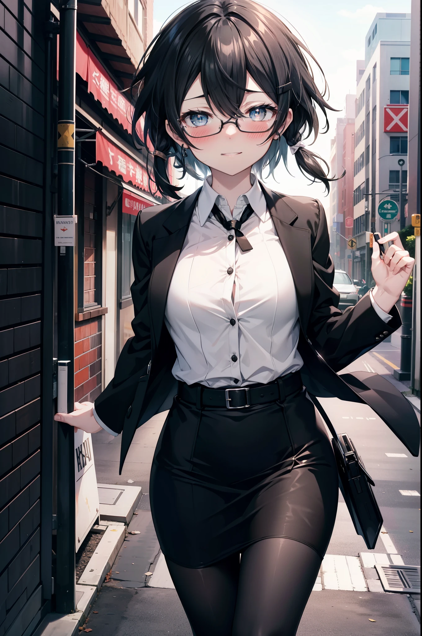 Shino Asada, Shino Asada, (black eye:1.5), Black Hair, Hair between the eyes, Hair Ribbon, short hair, Side Lock, Black-rimmed glasses, Medium-sized bust office lady, Black suit jacket, Collared jacket, White dress shirt, Collared shirt, Neckline, button, Black pencil skirt, Black pantyhose, Stiletto heels,happy smile, smile, Open your mouth, smile,blush,charm, whole bodyがイラストに入るように,morning,morning陽,The sun is rising,Walking,
break looking at viewer,whole body,crowd, people々々,
break outdoors, In town,Building district,Scramble crossing,
break (masterpiece:1.2), highest quality, High resolution, unity 8k wallpaper, (shape:0.8), (Fine and beautiful eyes:1.6), Highly detailed face, Perfect lighting, Highly detailed CG, (Perfect hands, Perfect ???????),