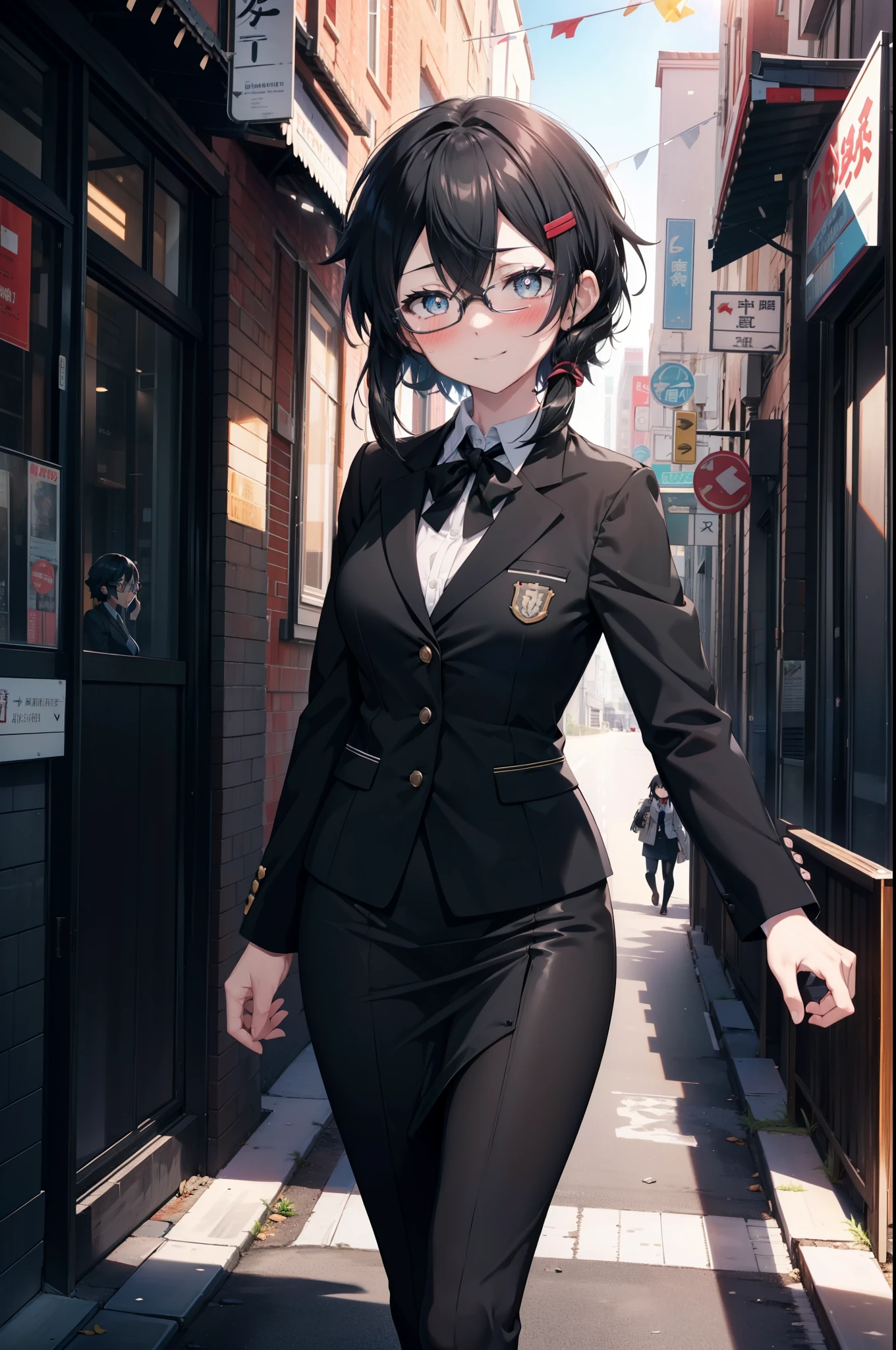 Shino Asada, Shino Asada, (black eye:1.5), Black Hair, Hair between the eyes, Hair Ribbon, short hair, Side Lock, Black-rimmed glasses, Medium-sized bust office lady, Black suit jacket, Collared jacket, White dress shirt, Collared shirt, Neckline, button, Black pencil skirt, Black pantyhose, Stiletto heels,happy smile, smile, Open your mouth, smile,blush,charm, whole bodyがイラストに入るように,morning,morning陽,The sun is rising,Walking,
break looking at viewer,whole body,crowd, people々々,
break outdoors, In town,Building district,Scramble crossing,
break (masterpiece:1.2), highest quality, High resolution, unity 8k wallpaper, (shape:0.8), (Fine and beautiful eyes:1.6), Highly detailed face, Perfect lighting, Highly detailed CG, (Perfect hands, Perfect Anatomy),