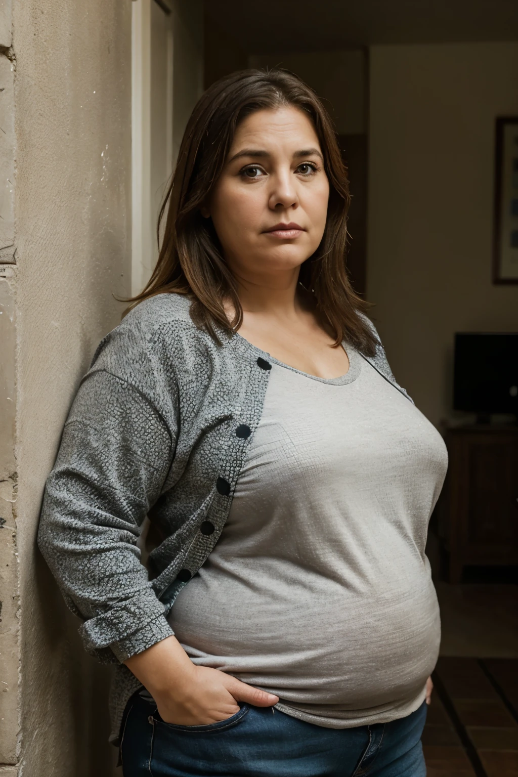 realist photo, middle age woman, fat body, social clothes, 3x4 ophoto, overwheight face, serious expressios, professional portrair , stillness, face foward.