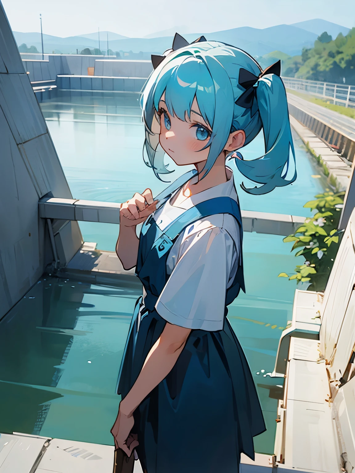 Girl looking at a dam storing water, twin tails, light blue hair