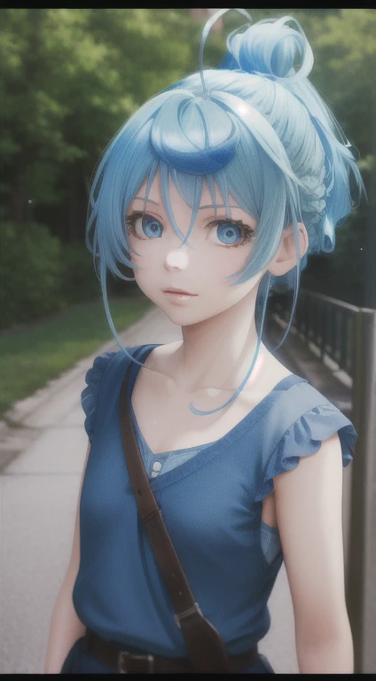 ratte867, 1girl, solo, (electric blue hair:1.2), Top knot, (light blue clothes:1.2) masterpiece, best quality, photorealistic, realistic, (RAW photo, 8k uhd, film grain), caustics, subsurface scattering