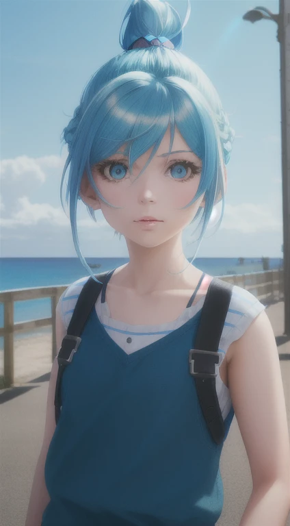 ratte867, 1girl, solo, (electric blue hair:1.2), Top knot, (light blue clothes:1.2) masterpiece, best quality, photorealistic, realistic, (RAW photo, 8k uhd, film grain), caustics, subsurface scattering