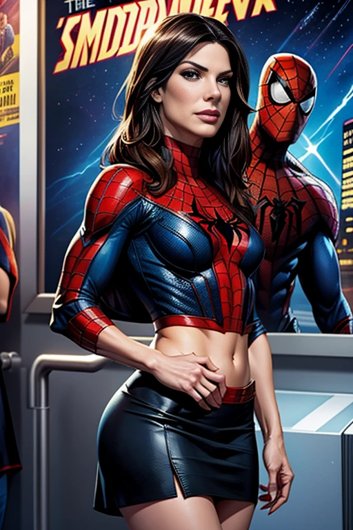 Sandra Bullock、Marvel Comics Movie Poster, Very beautiful, Movies about Spiderman, sexy, whole body, I'm wearing a skirt、Premiere date, Poster、belly buttonを突き出す、new york、She's wearing a torn Spider-Man suit,The suit is torn、Wearing a skirt、 Red and black color scheme,dynamic、masterpiece、highest quality、Ultra-detailed、Very detailed、A delicate and beautiful shine、超A high resolution、Cinematic,Break,Breakdrop,(Torn clothes:1.5), (Wet clothes:1.4), Bare shoulders,Real Rain,Wet Hair,belly button、Exposing Skin、Showing off her sexy shoulders