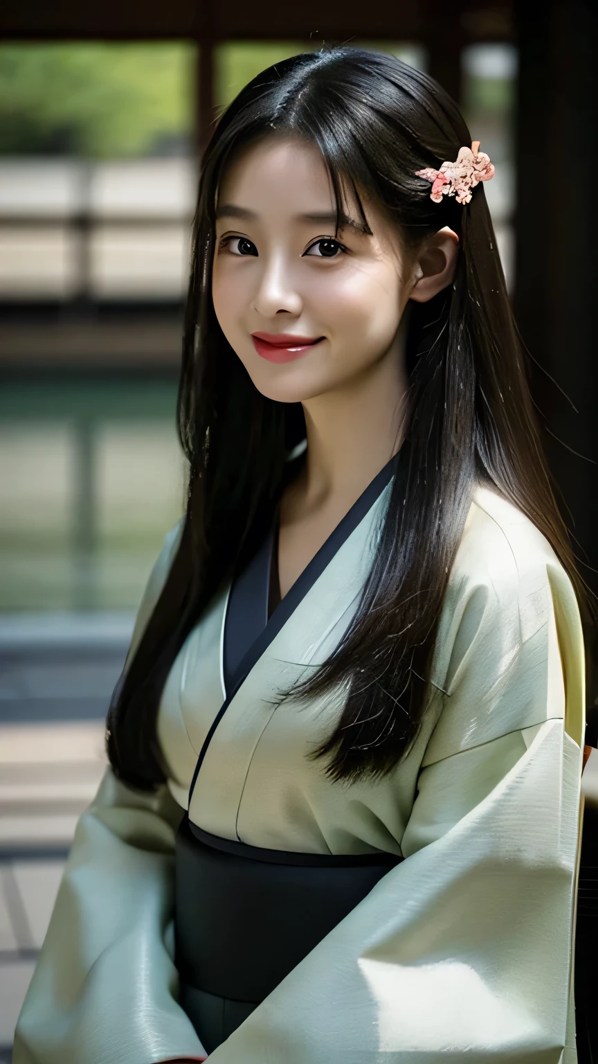 wear black kimono, long hair, also there is bang in her hair cover her forehead. middle age era, blur background, cinematic, soft light 1,8, [smile to the camera]. close up, at pond temple. middle age era