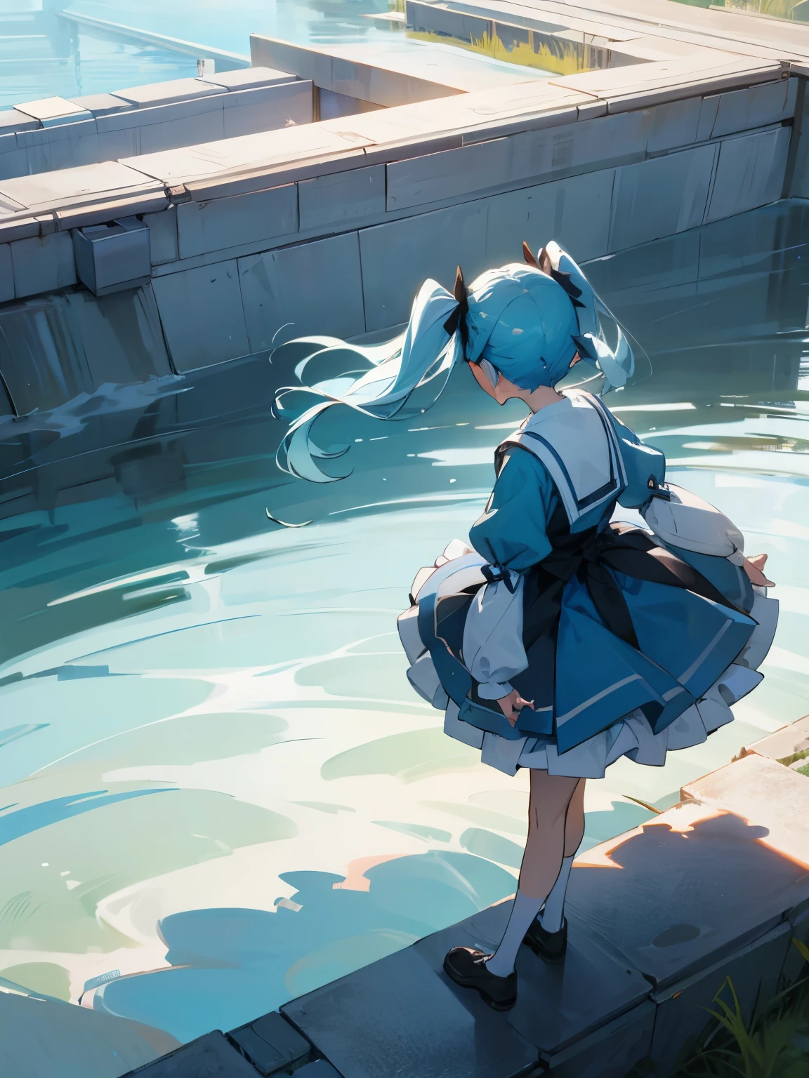 Girl looking at a dam storing water, twin tails, light blue hair