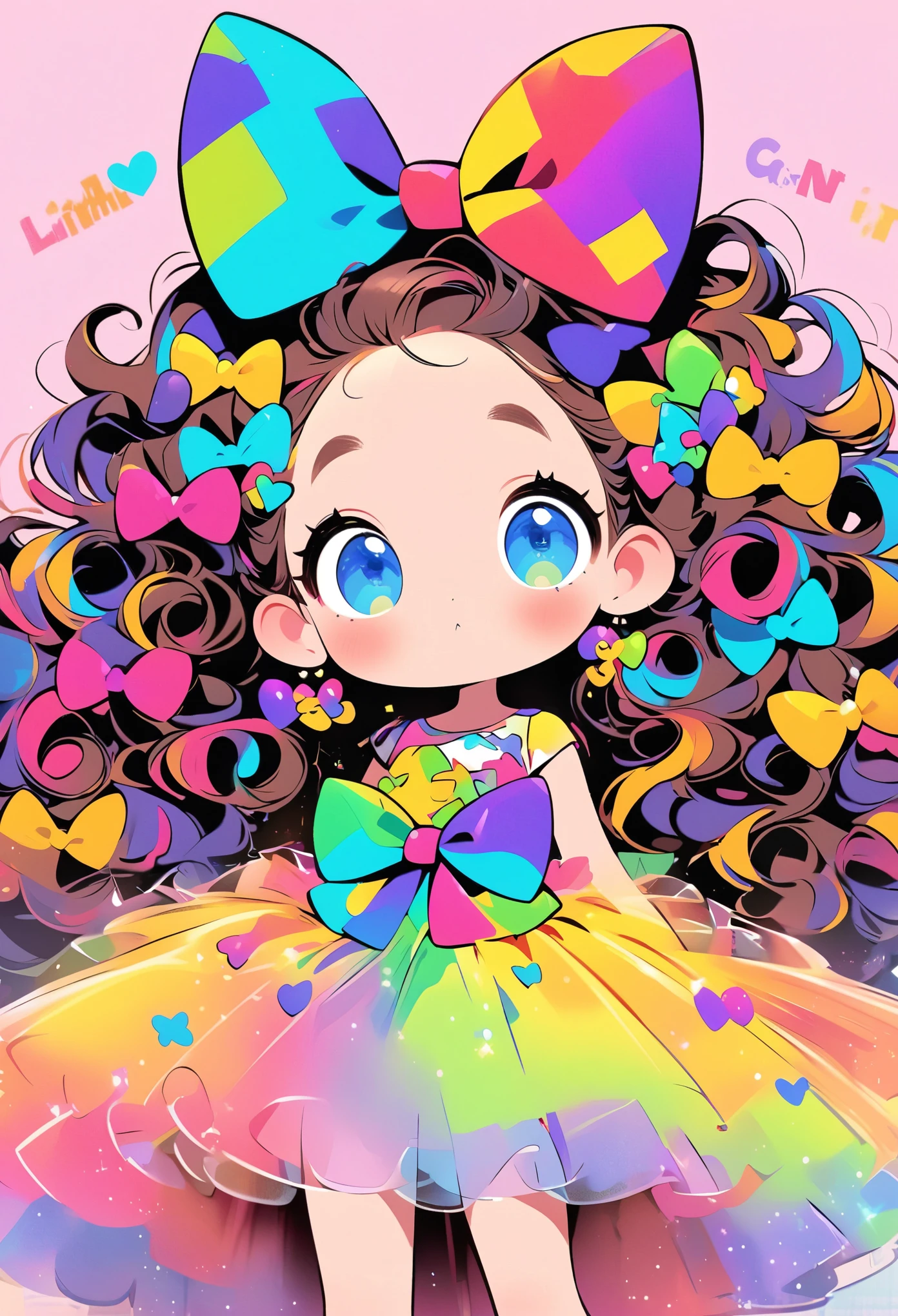 Cartoon，The art of math，Graffiti hand drawn style：1 cute ***********，big eyes，curls，1Oversized Bow Hair Accessory，Tutu，Colorful，Rich colors