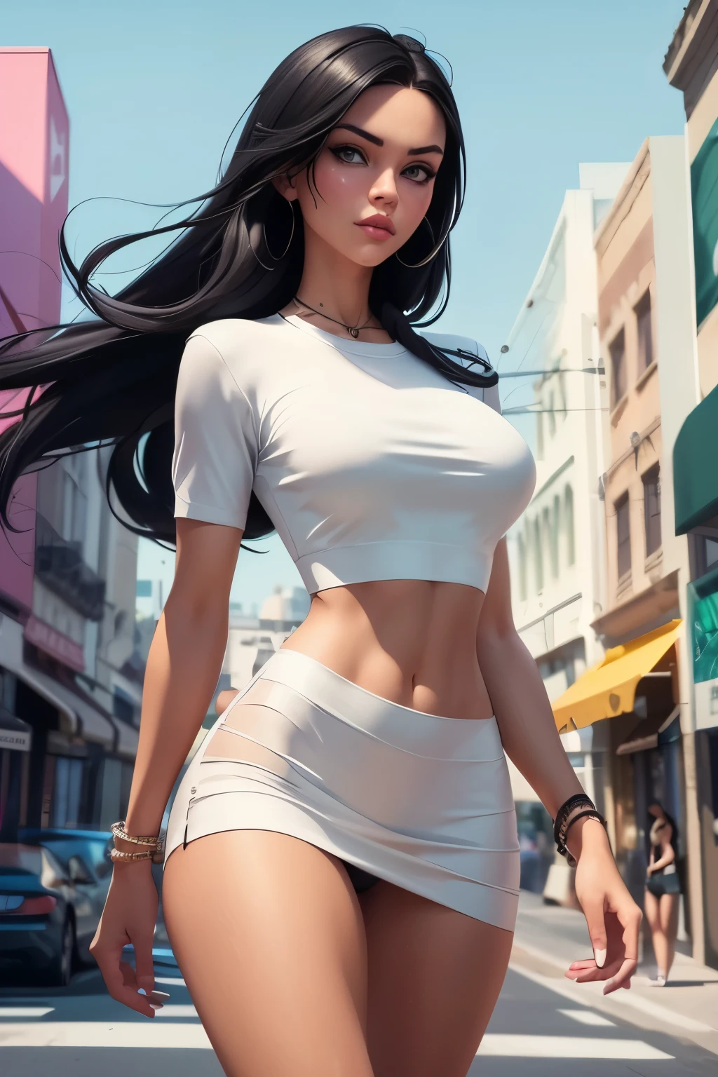 ((GTA style)), (GTA samp), Woman named Maia, long black hair, green eyes, wearing a thin, plain white shirt showing the silhouette of her bust, walking down the street with her entire body, in the background a wide horizon and distant, perfect model body, high resolution, ultra clear, 8K, masterpiece of art looking at the viewer, GTA style