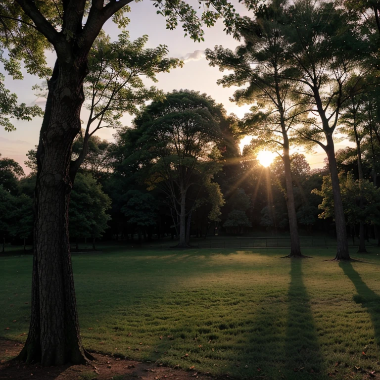 Sunset in park surrounded by beautiful dark trees,