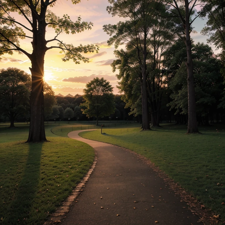 Sunset in park surrounded by beautiful dark trees,