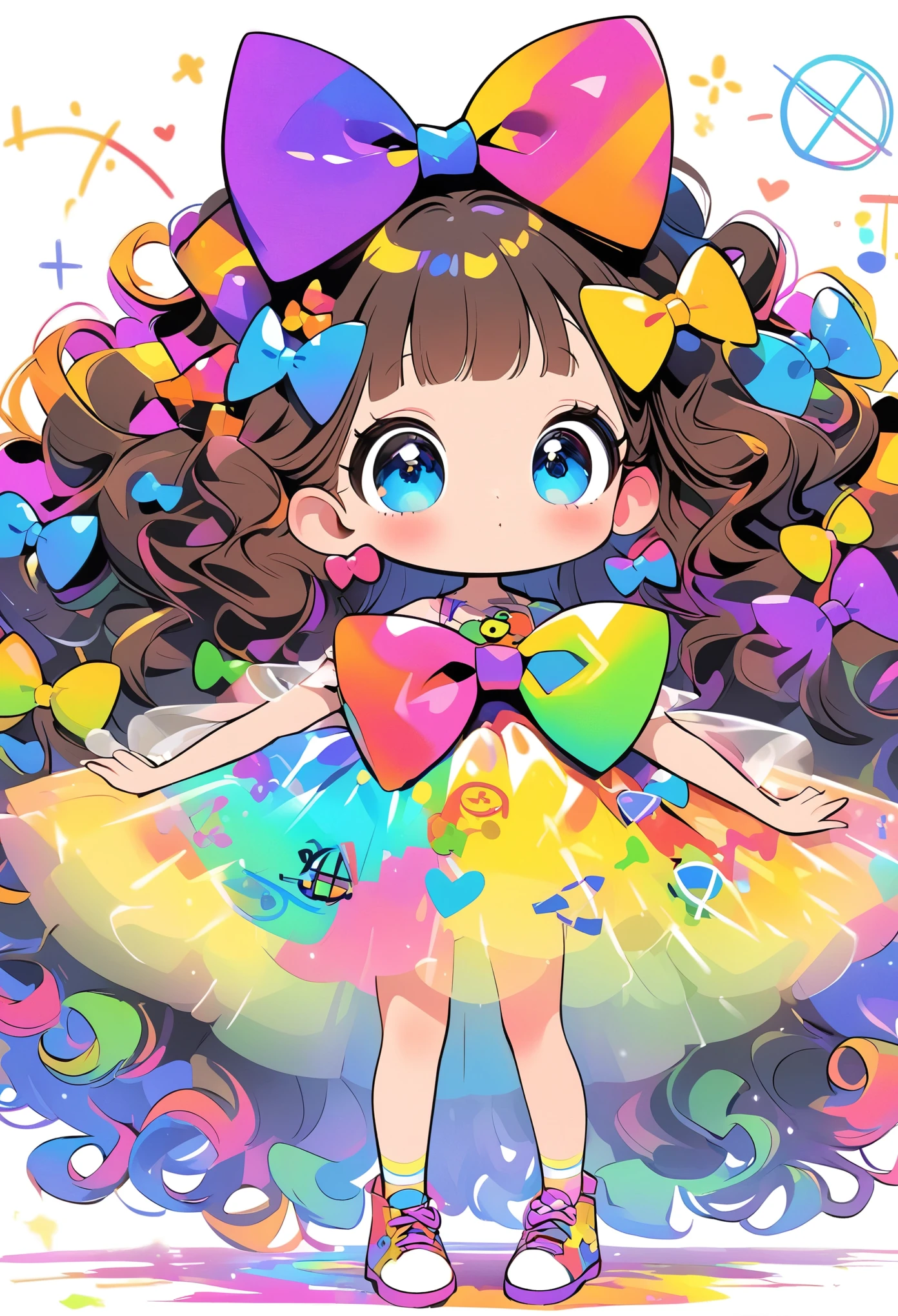 Cartoon，The art of math，Graffiti hand drawn style：1 cute ***********，big eyes，curls，1Oversized Bow Hair Accessory，Tutu，Colorful，Rich colors