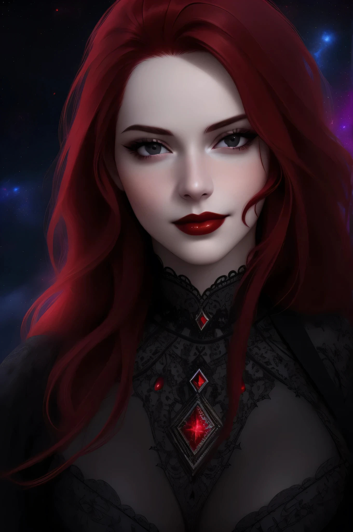 (Masterpiece - Ultra-Detailed, High Resolution) ((vivid red hair)), mature woman, 30 years old, diamond face, red starry sky background, depth of field, magic, big red lips, ((dark and black eyes)) black and red long and full dress, covered chest, mystical atmosphere, ominous shadows, Intense blue aura, Intense red aura (best quality:1.2), absurdres, intricate details, (highly detailed skin:1.2), smile expression, posing, taut and well defined body, attractive. Highly realistic, pale skin, beautiful, hyperrealism, skin very elaborated, direct gaze