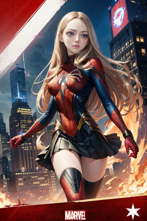 Amanda Seyfried、Marvel Comics Movie Poster, Very beautiful, Movies about Spiderman, sexy, whole body, I'm wearing a skirt、Premiere date, Poster、belly buttonを突き出す、new york、She's wearing a torn Spider-Man suit,The suit is torn、Wearing a skirt、 Red and black color scheme,dynamic、masterpiece、highest quality、Ultra-detailed、Very detailed、A delicate and beautiful shine、超A high resolution、Cinematic,Break,Breakdrop,(Torn clothes:1.5), (Wet clothes:1.4), Bare shoulders,Real Rain,Wet Hair,belly button、Exposing Skin、Showing off her sexy shoulders