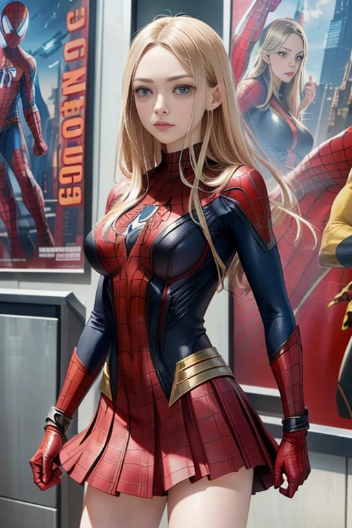 Amanda Seyfried、Marvel Comics Movie Poster, Very beautiful, Movies about Spiderman, sexy, whole body, I'm wearing a skirt、Premiere date, Poster、belly buttonを突き出す、new york、She&#39;s wearing a torn Spider-Man suit,The suit is torn、Wearing a skirt、 Red and black color scheme,dynamic、masterpiece、highest quality、Ultra-detailed、Very detailed、A delicate and beautiful shine、超A high resolution、Cinematic,Break,Breakdrop,(Torn clothes:1.5), (Wet clothes:1.4), Bare shoulders,Real Rain,Wet Hair,belly button、Exposing Skin、Showing off her sexy shoulders