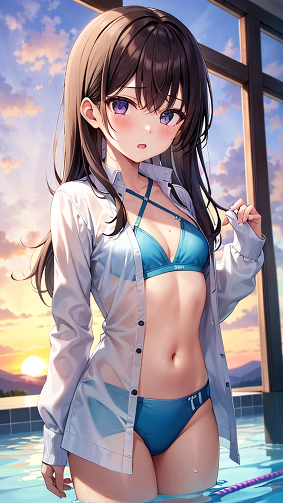 {masterpiece}, {highest quality},1 girl,school_White SEE THROUGH swimming suit,sunset、Small cleavage、Button unbuttoned、