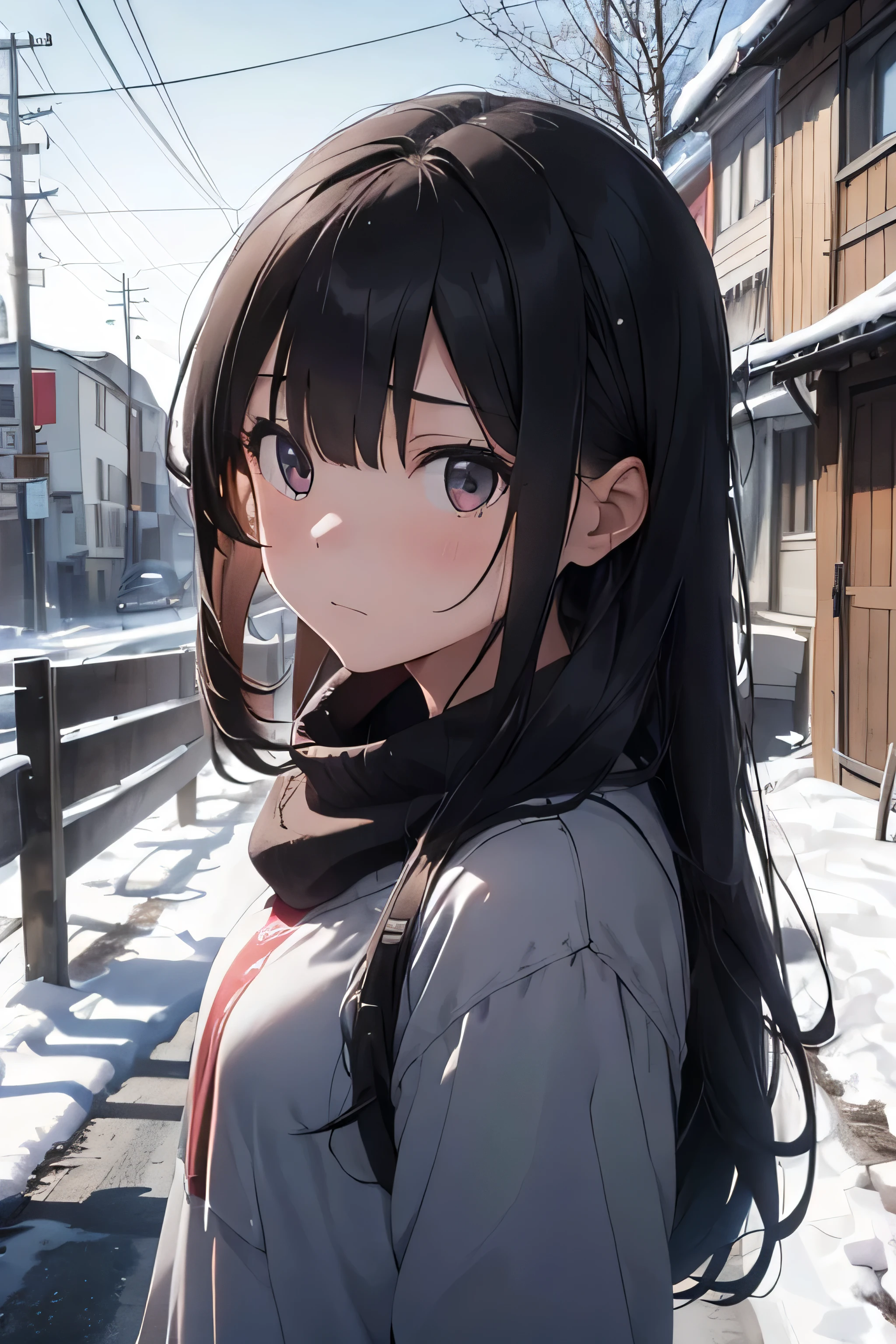 Generate an image of 1girl, long hair, who appears melancholic and sad but also sympathetic and transient in her expression, the environment is covered in snow and skies are clouded, winter season, absurdres, high res, ultrasharp, 8K, masterpiece, Looking at viewer