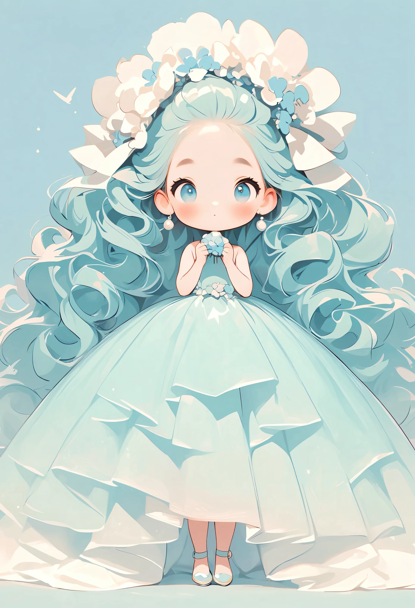 High quality design vector style image, cute trumpet。huge long hair。curls。Large turquoise colored eyes。 Full Body Love：1.2，vector image.