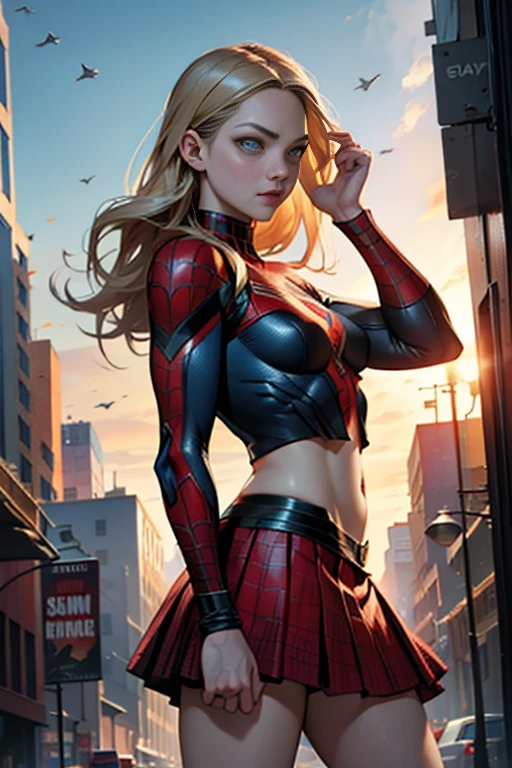 Amanda Seyfried、Marvel Comics Movie Poster, Very beautiful, Movies about Spiderman, sexy, whole body, I'm wearing a skirt、Premiere date, Poster、belly buttonを突き出す、new york、She's wearing a torn Spider-Man suit,The suit is torn、Wearing a skirt、 Red and black color scheme,dynamic、masterpiece、highest quality、Ultra-detailed、Very detailed、A delicate and beautiful shine、超A high resolution、Cinematic,Break,Breakdrop,(Torn clothes:1.5), (Wet clothes:1.4), Bare shoulders,Real Rain,Wet Hair,belly button、Exposing Skin、Showing off her sexy shoulders