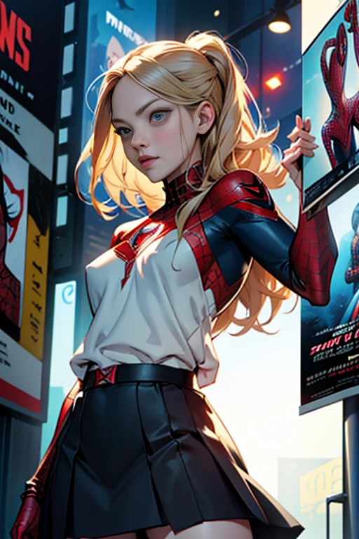 Amanda Seyfried、Marvel Comics Movie Poster, Very beautiful, Movies about Spiderman, sexy, whole body, I'm wearing a skirt、Premiere date, Poster、belly buttonを突き出す、new york、She's wearing a torn Spider-Man suit,The suit is torn、Wearing a skirt、 Red and black color scheme,dynamic、masterpiece、highest quality、Ultra-detailed、Very detailed、A delicate and beautiful shine、超A high resolution、Cinematic,Break,Breakdrop,(Torn clothes:1.5), (Wet clothes:1.4), Bare shoulders,Real Rain,Wet Hair,belly button、Exposing Skin、Showing off her sexy shoulders