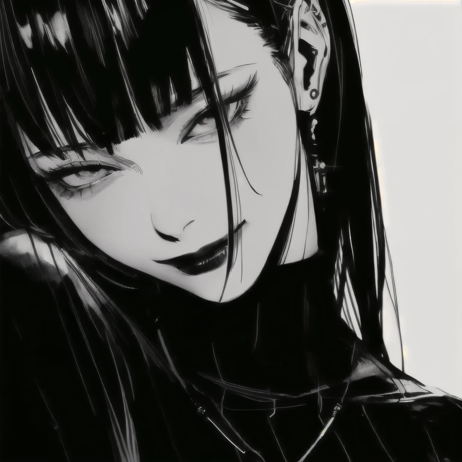 anime, black and white, girl, hair, eyes, hair, hair accessory, hair accessory, hair accessory, hair accessory, hair accessory, black and white manga style, by Kentaro Miura, 1 7 - year - old anime goth girl, by Kamagurka, ”beautiful anime woman, stunning anime face portrait, jet black haired cyberpunk girl