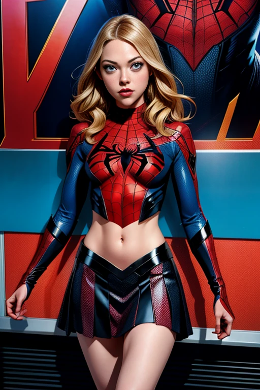 Amanda Seyfried、Marvel Comics Movie Poster, Very beautiful, Movies about Spiderman, sexy, whole body, I'm wearing a skirt、Premiere date, Poster、belly buttonを突き出す、new york、She's wearing a torn Spider-Man suit,The suit is torn、Wearing a skirt、 Red and black color scheme,dynamic、masterpiece、highest quality、Ultra-detailed、Very detailed、A delicate and beautiful shine、超A high resolution、Cinematic,Break,Breakdrop,(Torn clothes:1.5), (Wet clothes:1.4), Bare shoulders,Real Rain,Wet Hair,belly button、Exposing Skin、Showing off her sexy shoulders