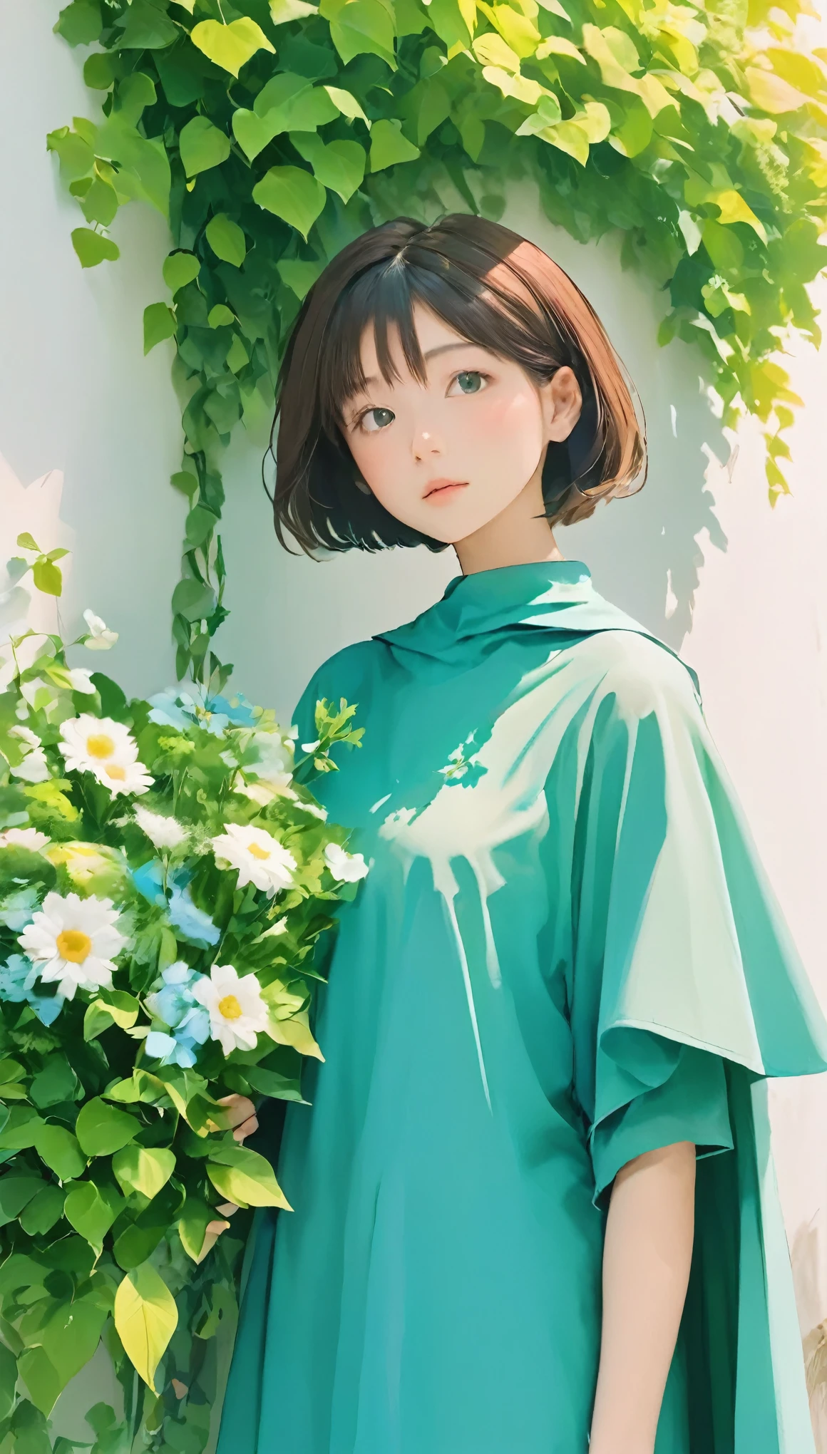 A woman standing in front of a white wall with a bouquet of flowers, Short hair, LOFI Girl, Ivy, wearing blue-Green clothes, With flowers, Low quality photos, With cape, Green clothes, photo shoot, Smooth input _ With background, LOFI Girlのaesthetics, 🤤 Portrait of a Girl, beautiful!!, Wearing long, loose clothing, Casual pose,  aesthetics