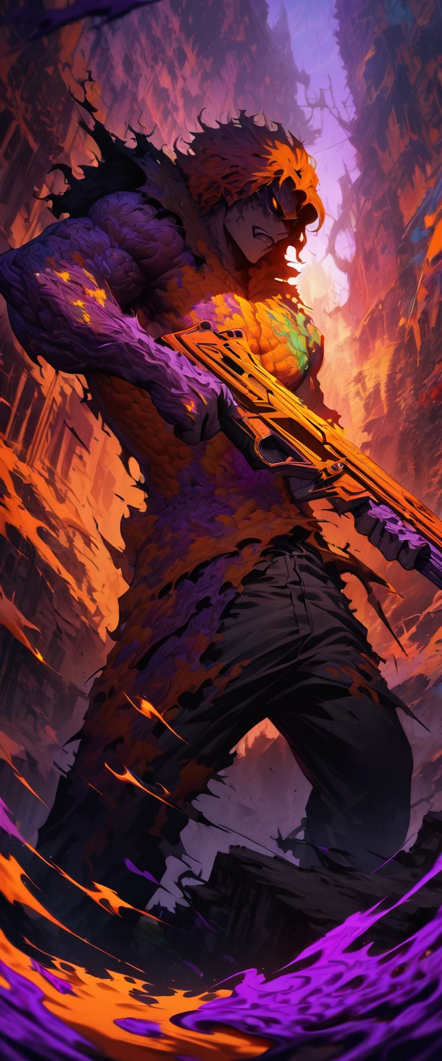 dark and torn, ****ung man, beautiful muscular body, fierce expression, holding a gun, (colors on his clothes, warm, orange, yellow, violet: 1.3), standing on a desolate terrain, dramatic lighting, intense shadows, sandy texture , high contrast, vibrant colors, dynamic pose, powerful stance, rough background, explosive atmosphere, dystopian theme, surreal elements, digitally painted illustration, HD resolution, intricate details, dramatic composition, avant-garde and chaotic brush strokes, gothic style, intense emotions, Scale epic, raw and gritty feel, captivating and provocative artwork.