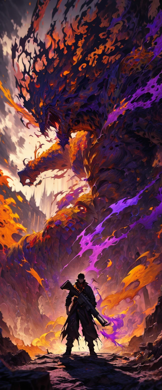 dark and torn, 1 young man, beautiful muscular body, fierce expression, holding a gun, (colors on his clothes, warm, orange, yellow, violet: 1.3), standing on a desolate terrain, dramatic lighting, intense shadows, sandy texture , high contrast, vibrant colors, dynamic pose, powerful stance, rough background, explosive atmosphere, dystopian theme, surreal elements, digitally painted illustration, HD resolution, intricate details, dramatic composition, avant-garde and chaotic brush strokes, gothic style, intense emotions, Scale epic, raw and gritty feel, captivating and provocative artwork.