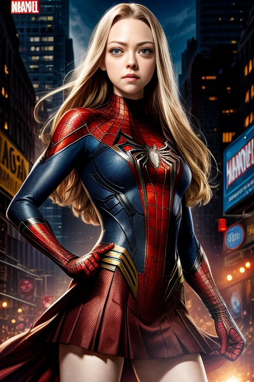 Amanda Seyfried、Marvel Comics Movie Poster, Very beautiful, Movies about Spiderman, sexy, whole body, I'm wearing a skirt、Premiere date, Poster、belly buttonを突き出す、new york、She&#39;s wearing a torn Spider-Man suit,The suit is torn、Wearing a skirt、 Red and black color scheme,dynamic、masterpiece、highest quality、Ultra-detailed、Very detailed、A delicate and beautiful shine、超A high resolution、Cinematic,Break,Breakdrop,(Torn clothes:1.5), (Wet clothes:1.4), Bare shoulders,Real Rain,Wet Hair,belly button、Exposing Skin、Showing off her sexy shoulders