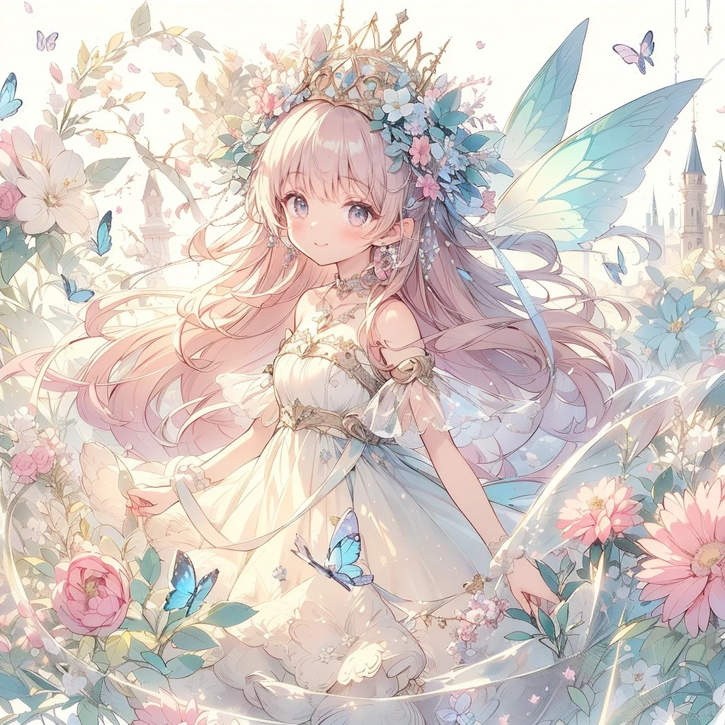 (Exquisite, beautiful, Very detailed, masterpiece, High resolution,high quality,High resolution),(Well-formed face,Soft and thin lines: 1.2, beautiful, Delicate and vivid illustrations with a mature and clear feel),夜のInside the castle,A smiling fairy princess with butterfly wings walks up the stairs of a gorgeous baroque castle,whole body,Inside the castle,Princess's Castle,flower,flower petals,(Transparent fairy wings grow from your back), (Dazzling Smile), (tiara, Earrings, choker), Ball Gown Dress,Ribbons, lace and frills, (Pale pink blush, Plump pink lips,Large Bust,Fair skin, Good style),Bright colors,Eye-catching colors,Dynamic Angles