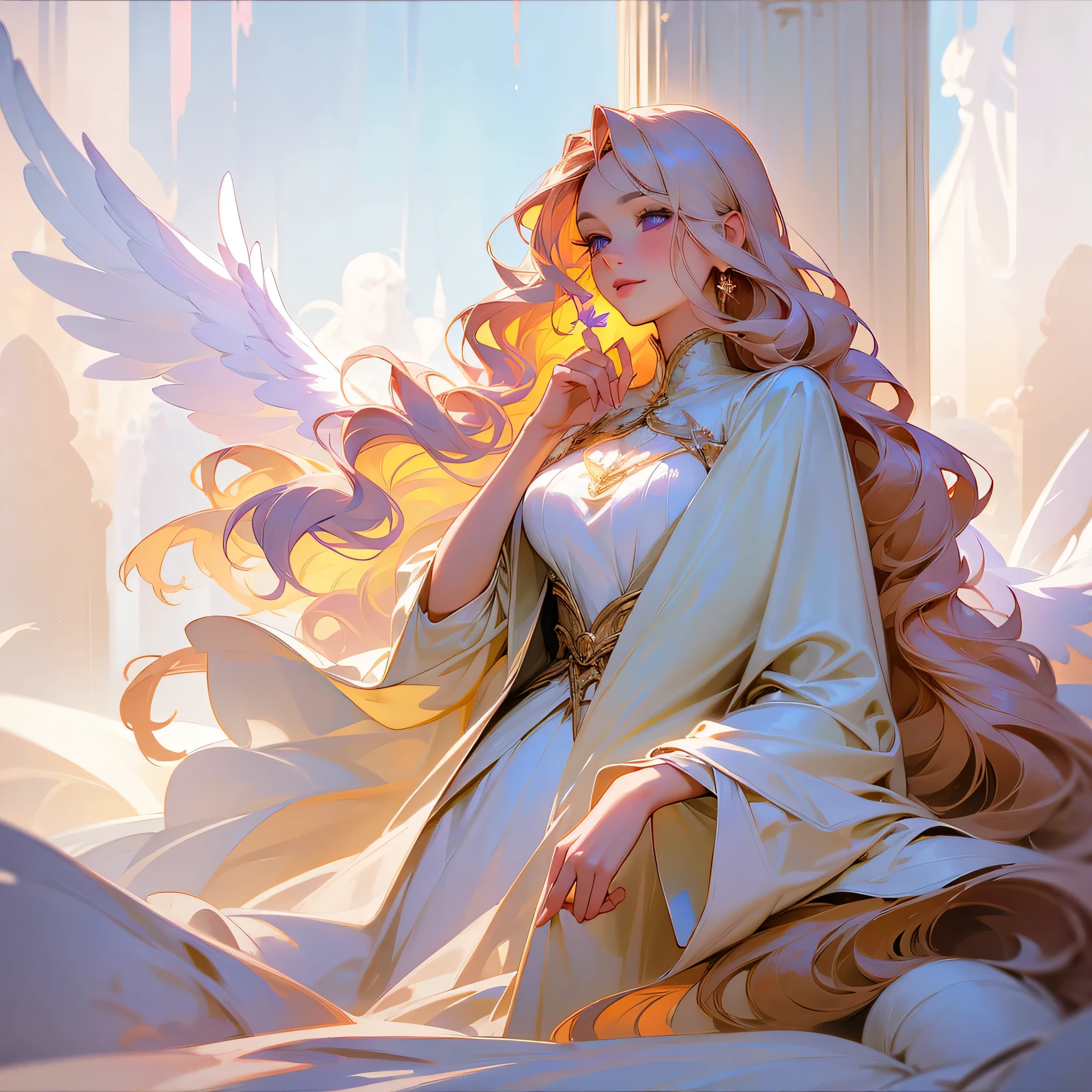 femme de 50 ans, Middle-aged European, ((trentenaire)), buste, solo, full lips, [[Angel wings]], (visage de forme ovale), flowers, (Heavenly Nose), wears a cape, peau claire et chaude, purple eyes, des yeux de biche, very light rose gold hair, very light pinkish blonde, extremely long and wavy hair, Long cils, sourire serein, expression gentille, elegant and sexy Medieval adventure clothes, (mode brocart), [Archange], ethereal aesthetic, elegant, saint, soft lighting, dreamer, le romantisme, atmospheric, innocence, calme, compatissant, tendance sur artstation, ((best quality)), ((complex detailed)), ((semi-realistic)), (se concentrer uniquement), (visage parfait:1.1), (high detail:1.1