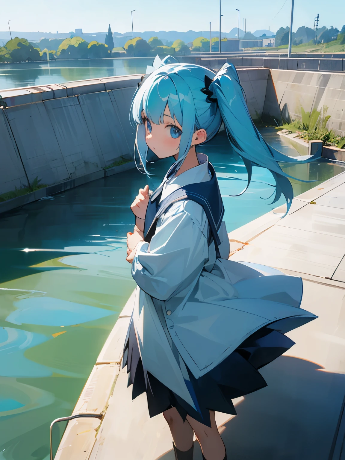 Girl looking at a dam storing water, twin tails, light blue hair