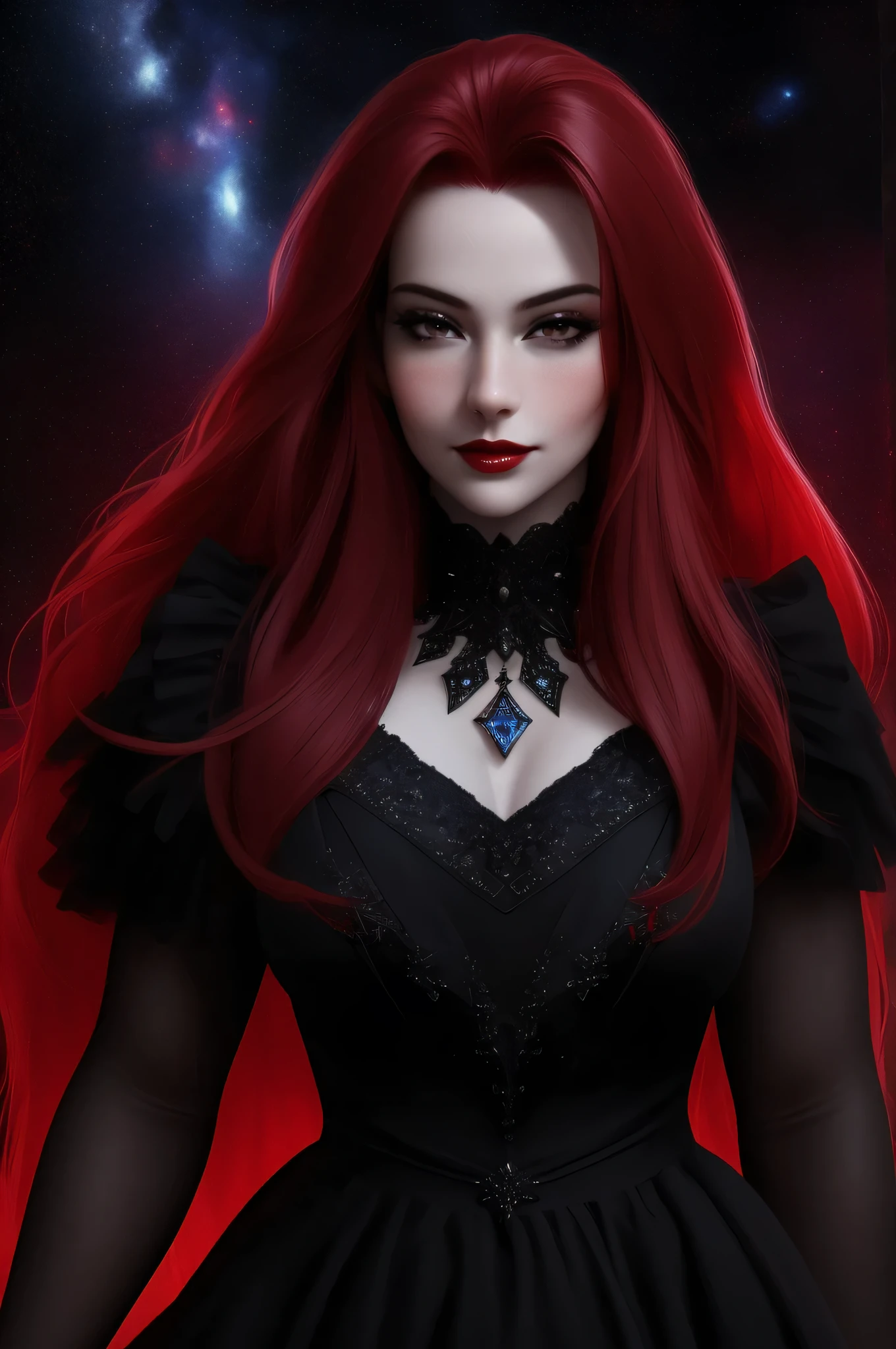 (Masterpiece - Ultra-Detailed, High Resolution) ((vivid red hair)), mature woman, 30 years old, diamond face, red starry sky background, depth of field, magic, big red lips, ((dark and black eyes)) black and red long and full dress, covered chest, mystical atmosphere, ominous shadows, Intense blue aura, Intense red aura (best quality:1.2), absurdres, intricate details, (highly detailed skin:1.2), smile expression, posing, taut and well defined body, attractive. Highly realistic, pale skin, beautiful, hyperrealism, skin very elaborated, direct gaze