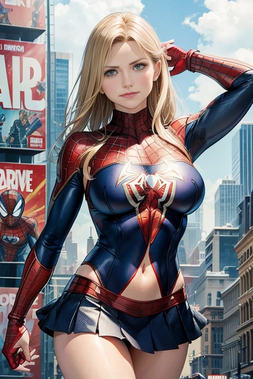 Cameron Diaz、Marvel Comics Movie Poster, Very beautiful, Movies about Spiderman, sexy, whole body, I'm wearing a skirt、Premiere date, Poster、belly buttonを突き出す、new york、She&#39;s wearing a torn Spider-Man suit,The suit is torn、Wearing a skirt、 Red and black color scheme,dynamic、masterpiece、highest quality、Ultra-detailed、Very detailed、A delicate and beautiful shine、超A high resolution、Cinematic,Break,Breakdrop,(Torn clothes:1.5), (Wet clothes:1.4), Bare shoulders,Real Rain,Wet Hair,belly button、Exposing Skin、Showing off her sexy shoulders
