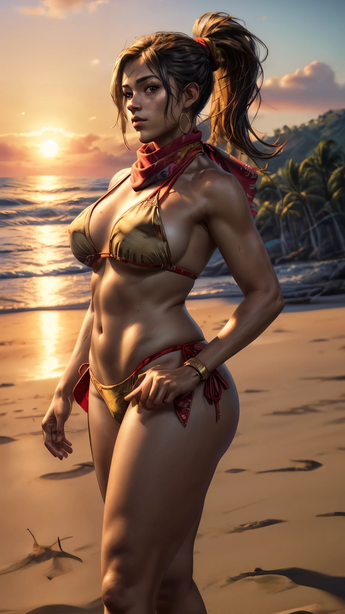 (ultra realistic,32k, masterpiece:1.1),(detailed skin) gtluc ,a woman, Bikini, ponytail, red bandana, in beach, (looking at viewer),(golden hour:1.1), , 8k uhd, dslr, high quality, large breasts, thick thighs, curvy hips