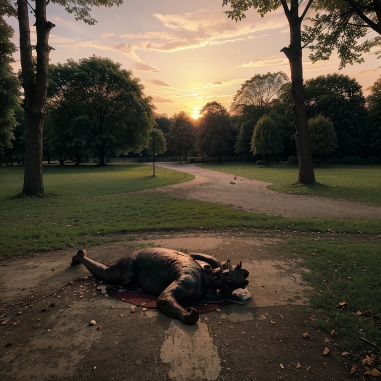 Sunset in a park around trees and a river a few meters away, blood stains on the floor and strange monster hidden among the trees