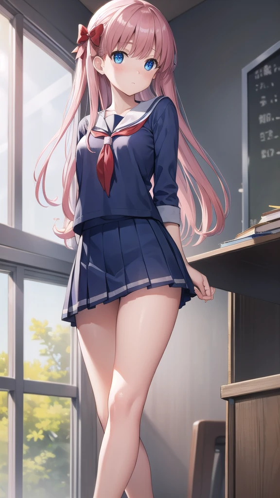 nodokaharamura, nodoka haramura, blue eyes, hair bow, long hair, pink hair, bow,
BREAK blue skirt, kiyosumi , pleated skirt, , serafuku, skirt,
BREAK looking at viewer,
BREAK indoors, classroom,
BREAK (masterpiece:1.2), best quality, high resolution, unity 8k wallpaper, (illustration:0.8), (beautiful detailed eyes:1.6), extremely detailed face, perfect lighting, extremely detailed CG, (perfect hands, perfect anatomy),school swimming suit
