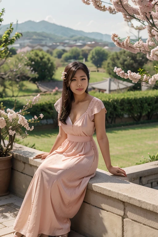 Asian woman in long dress, leaning on a terrace, landscape with peach blossom trees