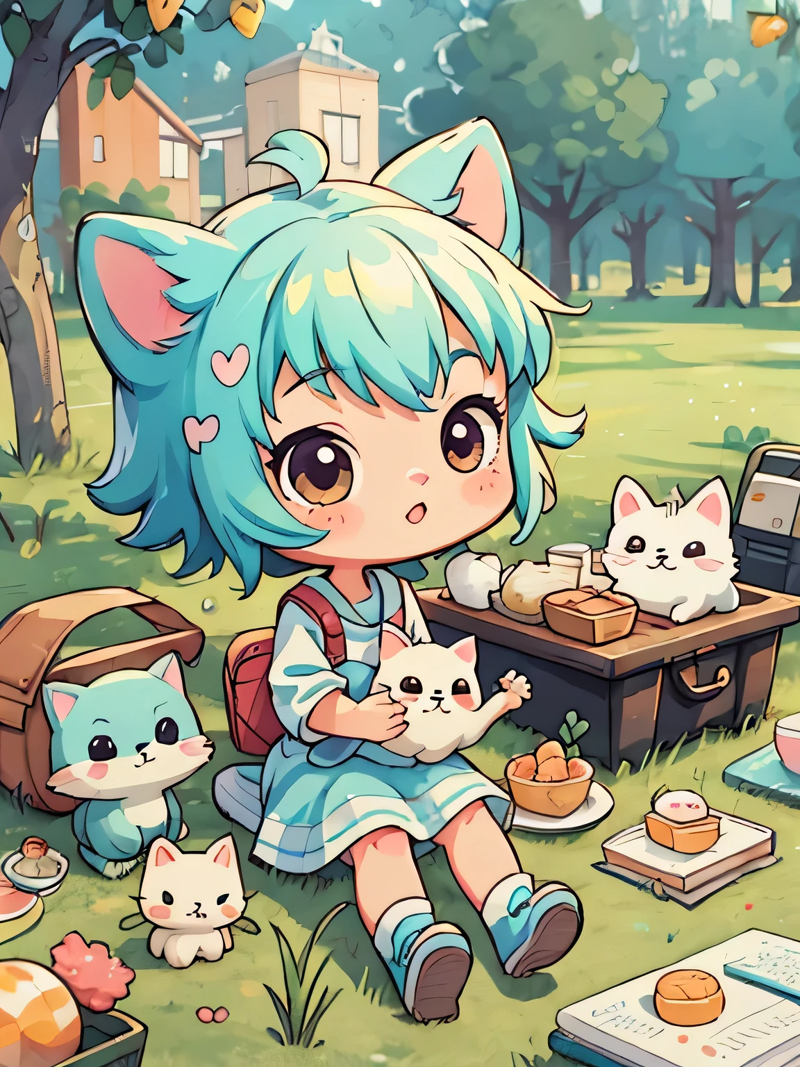 Fujio Akatsuka Style, Kawaii Design, most beautiful girl ever、Chibi, cute kitten、picnic