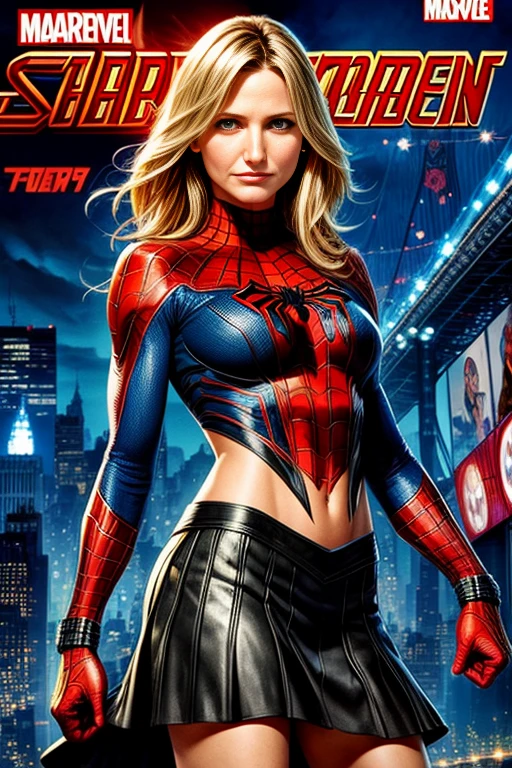Cameron Diaz、Marvel Comics Movie Poster, Very beautiful, Movies about Spiderman, sexy, whole body, I'm wearing a skirt、Premiere date, Poster、belly buttonを突き出す、new york、She's wearing a torn Spider-Man suit,The suit is torn、Wearing a skirt、 Red and black color scheme,dynamic、masterpiece、highest quality、Ultra-detailed、Very detailed、A delicate and beautiful shine、超A high resolution、Cinematic,Break,Breakdrop,(Torn clothes:1.5), (Wet clothes:1.4), Bare shoulders,Real Rain,Wet Hair,belly button、Exposing Skin、Showing off her sexy shoulders