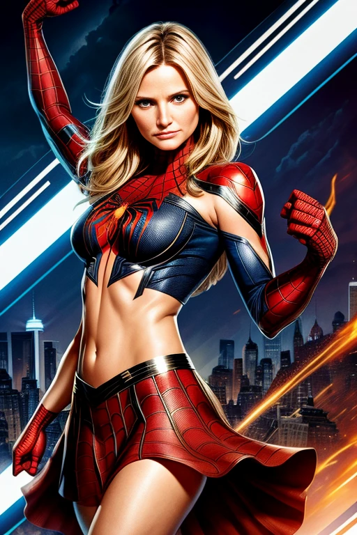 Cameron Diaz、Marvel Comics Movie Poster, Very beautiful, Movies about Spiderman, sexy, whole body, I'm wearing a skirt、Premiere date, Poster、belly buttonを突き出す、new york、She's wearing a torn Spider-Man suit,The suit is torn、Wearing a skirt、 Red and black color scheme,dynamic、masterpiece、highest quality、Ultra-detailed、Very detailed、A delicate and beautiful shine、超A high resolution、Cinematic,Break,Breakdrop,(Torn clothes:1.5), (Wet clothes:1.4), Bare shoulders,Real Rain,Wet Hair,belly button、Exposing Skin、Showing off her sexy shoulders