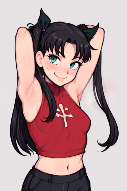 masterpiece, best quality, looking at viewer, upper body, portrait, looking at viewer, seductive smile, put your hands behind your head, armpits, armpits visible, sweaty armpits, tohsaka rin, very small breasts, long black hair, wearing red croptop outfit, ponytail