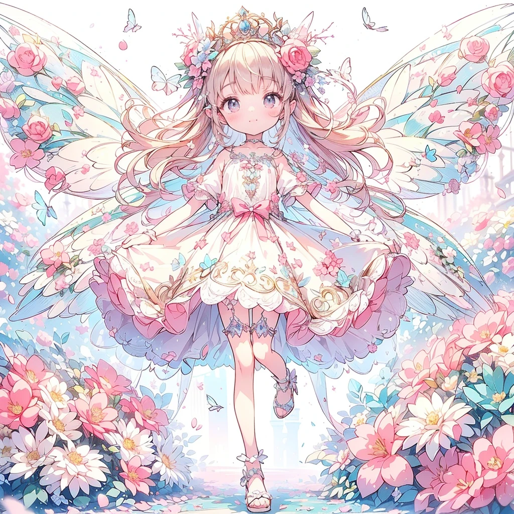 (Exquisite, beautiful, Very detailed, masterpiece, High resolution,high quality,High resolution),(Well-formed face,Soft and thin lines: 1.2, beautiful, Delicate and vivid illustrations with a mature and clear feel),夜のInside the castle,A smiling fairy princess with butterfly wings walks up the stairs of a gorgeous baroque castle,whole body,Inside the castle,Princess's Castle,flower,flower petals,(Transparent fairy wings grow from your back), (Dazzling Smile), (tiara, Earrings, choker), Ball Gown Dress,Ribbons, lace and frills, (Pale pink blush, Plump pink lips,Large Bust,Fair skin, Good style),Bright colors,Eye-catching colors,Dynamic Angles