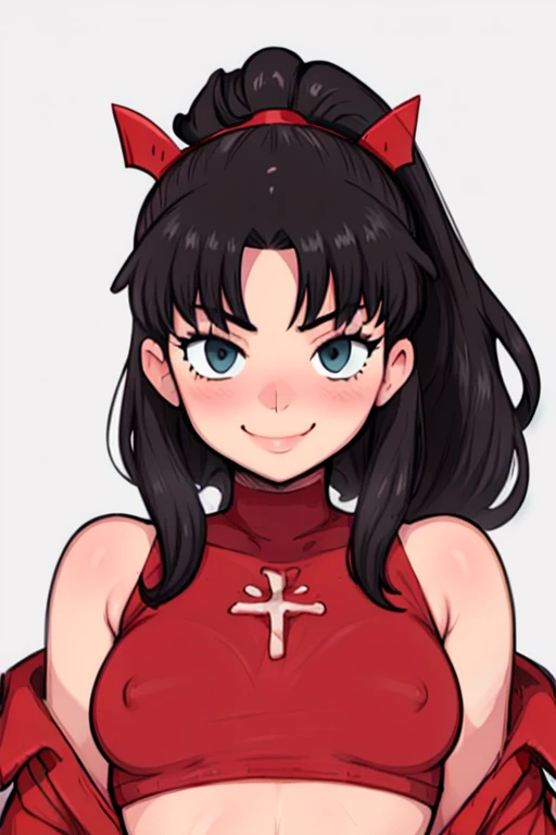 masterpiece, best quality, looking at viewer, upper body, portrait, looking at viewer, seductive smile, grope her own breast, tohsaka rin, very small breasts, long black hair, wearing red croptop outfit, ponytail