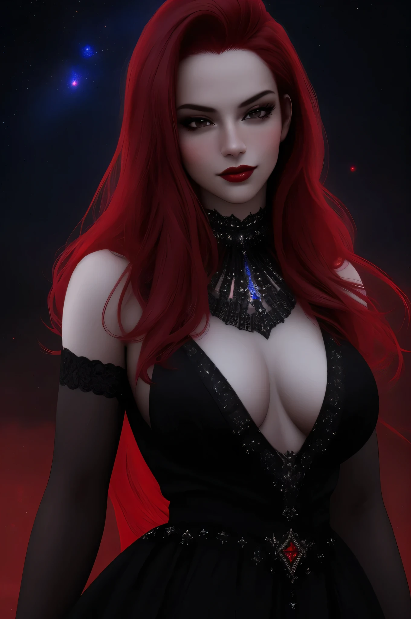 (Masterpiece - Ultra-Detailed, High Resolution) ((vivid red hair)), mature woman, 30 years old, diamond face, red starry sky background, depth of field, magic, big red lips, ((dark and black eyes)) black and red long and full dress, covered chest, mystical atmosphere, ominous shadows, Intense blue aura, Intense red aura (best quality:1.2), absurdres, intricate details, (highly detailed skin:1.2), smile expression, posing, taut and well defined body, attractive. Highly realistic, pale skin, beautiful, hyperrealism, skin very elaborated, direct gaze
