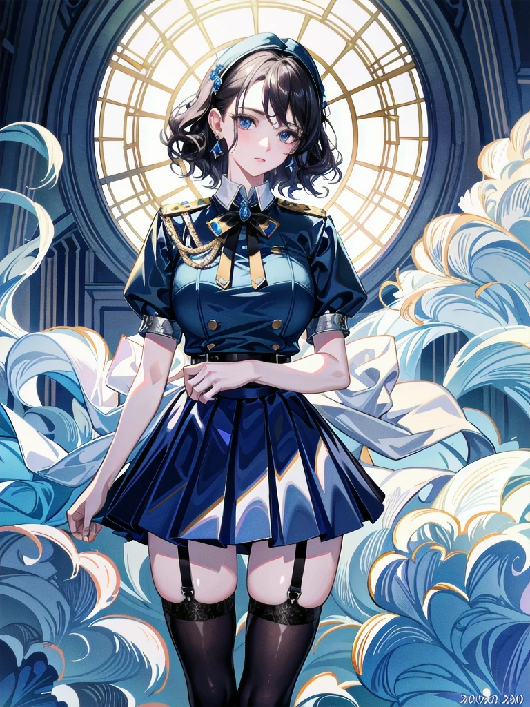 absurdres, RAW photo, extremely delicate and beautiful, masterpiece, Best Quality, ultra high resolution, 32k, hyperrealistic, ultra-detailed, detailed description, pale skin, 20 years old, tearful mole, earring, Colossal tits, short medium hair, wavy hair, blue uniform, blue pleated skirt, military uniform,