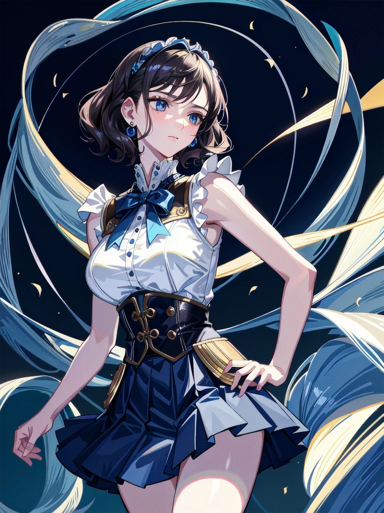 absurdres, RAW photo, extremely delicate and beautiful, masterpiece, Best Quality, ultra high resolution, 32k, hyperrealistic, ultra-detailed, detailed description, pale skin, 20 years old, tearful mole, earring, Colossal tits, short medium hair, wavy hair, blue uniform, blue pleated skirt, military uniform,