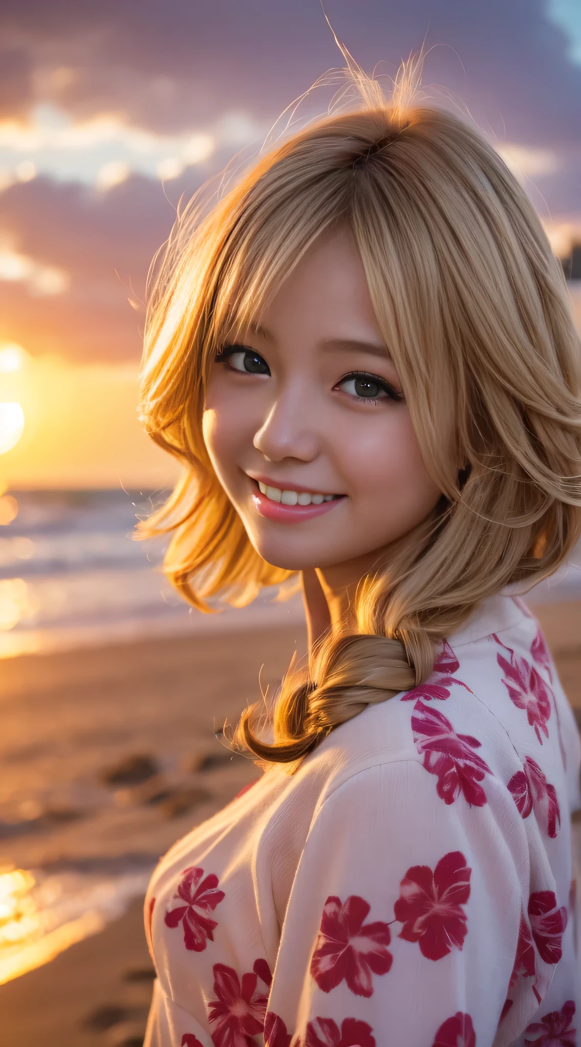Close-up shot４hair、High resolution、looking at the camera、（Smile 1.6）｟blonde｠、Curly Hair、17 years old、(Short Hair)、、1 girl、、Japanese women、beautiful girl、Well-groomed face、cute、Hawaii Beaches、sunset