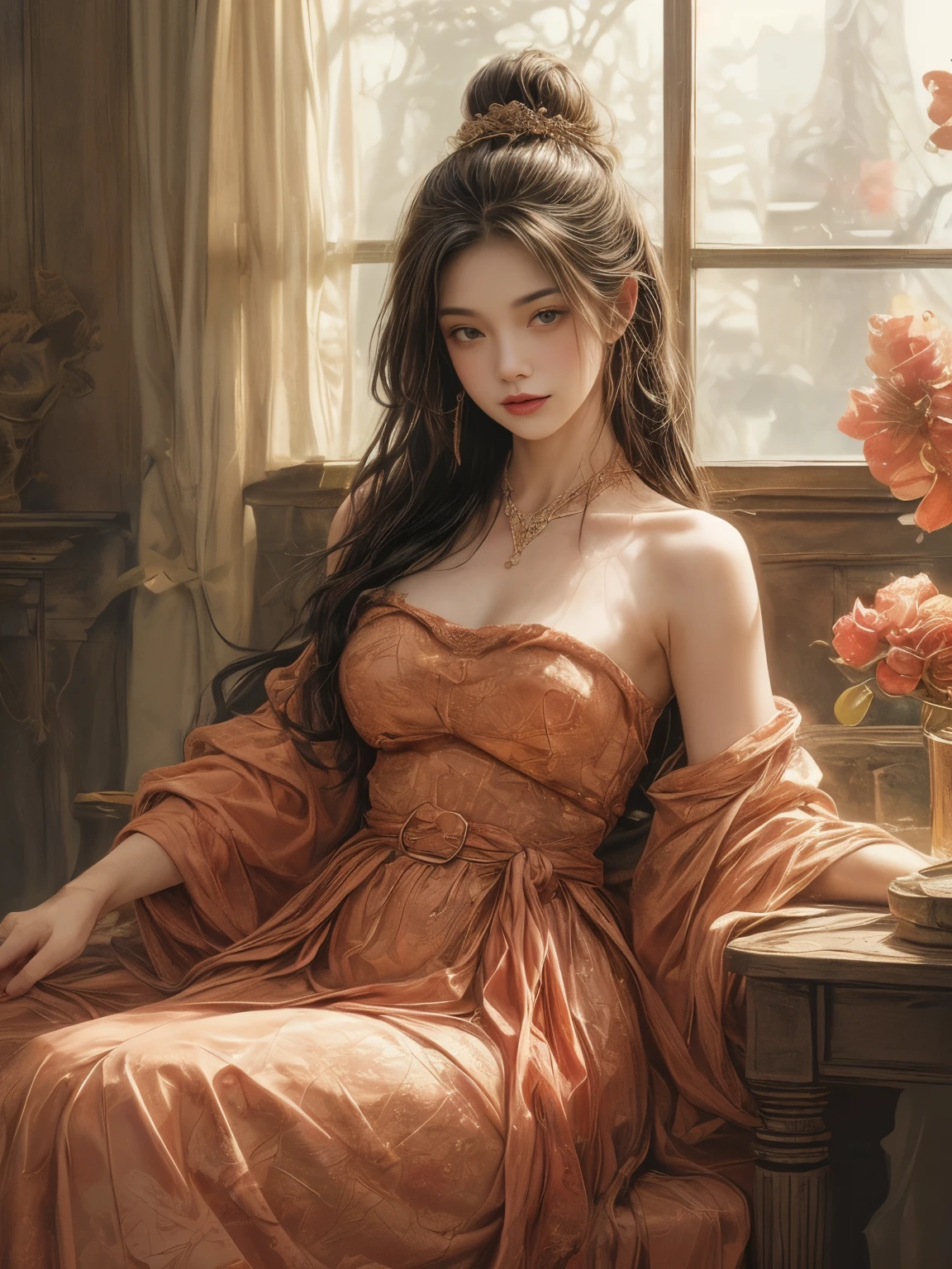 (8k, highest quality, masterpiece)，(Realistic, RAW Photos, Super Fine Clear,Influenced by impressionist paintings, vermeer's style,monet's style), Realistic Light, Detailed skin, (1 beautiful lady with a slim body, Age 25, princess:1.5), Thin legs, fine grain, Long white hair, Detailed fingers, thin, Sexual, Expressions of Ecstasy, (huge bouncing firm bust:1.4), (Crimson color dress:1.2),The chest of dress is widely open, Exposing the breasts,  (peach, peach garden, Flower Storm), Lakeside palace