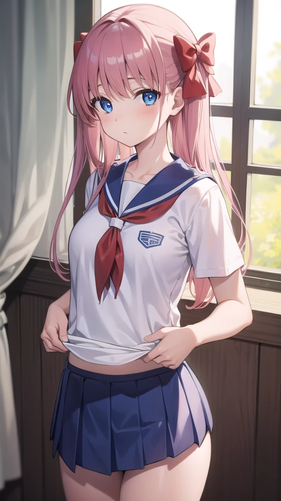 nodokaharamura, nodoka haramura, blue eyes, hair bow, long hair, pink hair, bow,
BREAK blue skirt, kiyosumi school swimming suit, pleated skirt, , serafuku, skirt,
BREAK looking at viewer,
BREAK indoors, classroom,
BREAK (masterpiece:1.2), best quality, high resolution, unity 8k wallpaper, (illustration:0.8), (beautiful detailed eyes:1.6), extremely detailed face, perfect lighting, extremely detailed CG,