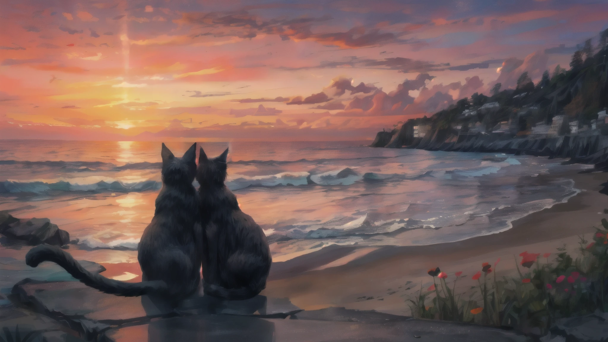 painting of a cat sitting on a beach Watching the sunset, Watching the sunset, inspired Mark Keatley, looking at the sunset, sunset glow, looking at the sunset, Mark Keatley, looking at the sunset, Looking at the water, Overlooking the ocean, Richard Cedlon, Jason Benjamin, Looking at the horizon, summertime, warm colors, Red Sunset, black cat sits with its back, calm seas, fluffy clouds, orange clouds